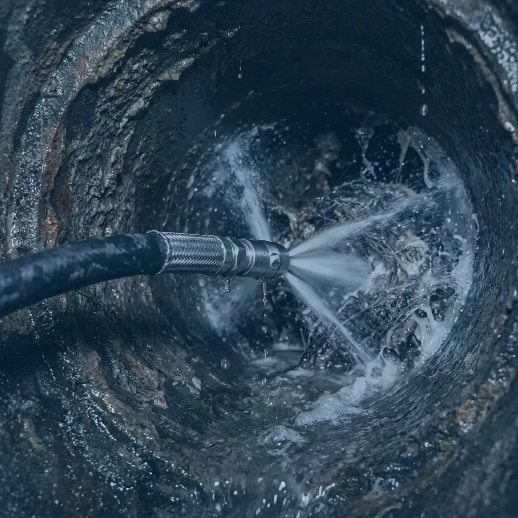 High-pressure hydro jetting clearing a blocked drain